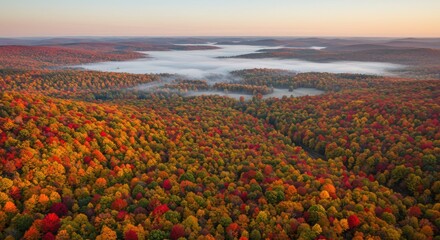 Fototapeta premium Aerial View of Autumn Forest with Misty Valley at Sunrise
