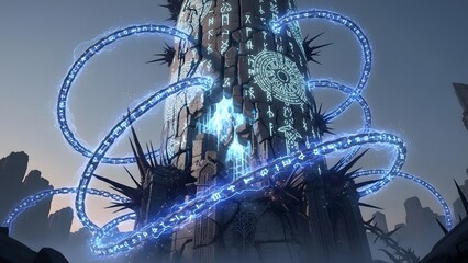 Colossal, cracked stone pillar, covered in ancient, glowing runes, dominates the center