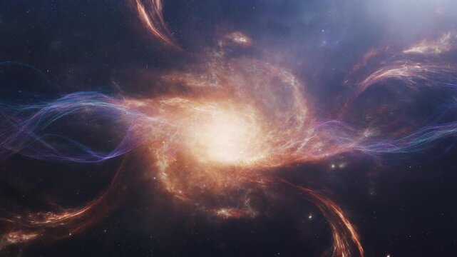 A vibrant galaxy shines brightly in the dark space, surrounded by swirling clouds of gas and dust, viewed from a distant cosmic perspective