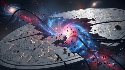 Gigantic, crumbling celestial map made of polished marble is being violently overtaken by a swirling vortex of deep-space nebula gases and fragmented constellations