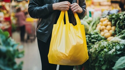 Person Carrying Yellow Plastic Bag with Fresh Vegetables in Supermarket