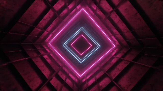 A neon-lit diamond shape glows brightly in a dark, futuristic tunnel with a symmetrical grid pattern