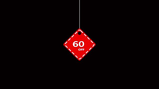 Red diamond shaped hanging tag with 60 percent off text and dashed border on black background sale discount