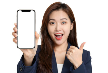 Woman with blue blazer and white shirt holds smartphone, mobile concept
