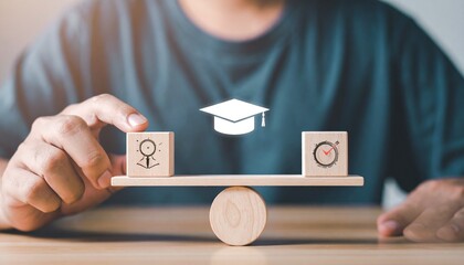 Hands balancing wooden blocks with idea and target icons, under a graduation cap, symbolizing education, career choices, and goal achievement.