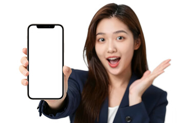 Woman with blue blazer and white shirt holds smartphone, mobile concept