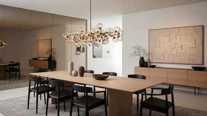 Fototapeta premium Modern Dining Room Interior with Stylish Chandelier and Artwork.