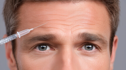 Extreme macro of fine injection needle against forehead, close up of male face with visible wrinkles, concept of cosmetic procedure, skincare, anti aging, medical treatment, anxiety expression