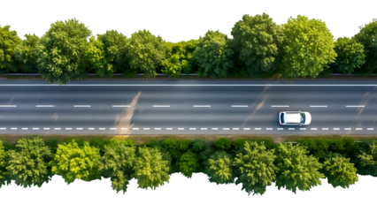 Aerial view of a white car driving on a road with trees on both sides isolated on a transparent background 1
