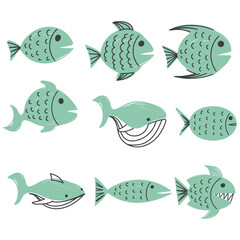 hand drawn doodle fish set collection
