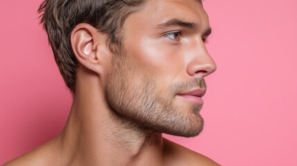 Obraz premium Portrait of handsome male model with healthy glowing skin, sharp jawline, and natural stubble, looking confident against pink background