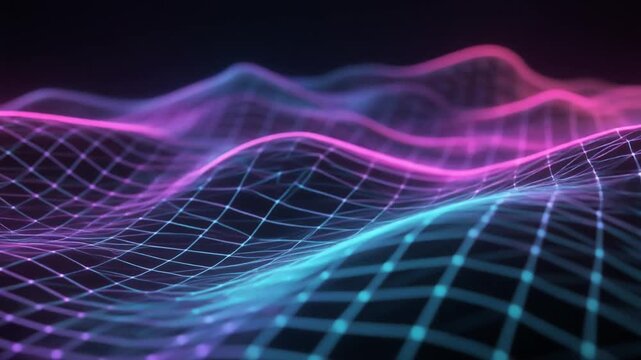 Vibrant digital landscape with neon grid waves in pink, blue, and purple hues against a dark background