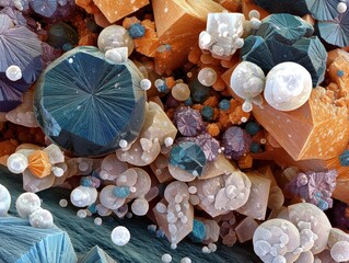 Colorful geometric shapes in various sizes, resembling crystals or minerals, with blue, orange, and white hues. Includes spheres and intricate radial patterns, creating an abstract, textured scene