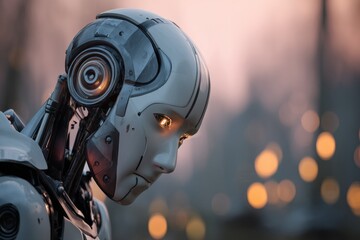 Fototapeta premium Robot with intricate metal structure and glowing eyes, detailed robotic design and mechanical components. Soft focus background with circular light bokeh effect, enhancing futuristic theme