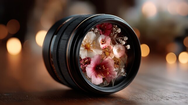A camera lens lies on a wooden surface, its glass filled with vibrant pink and white flowers. The background is softly blurred, with warm golden bokeh lights creating a cozy, artistic atmosphere