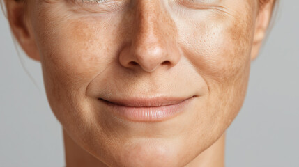 Obraz premium Natural studio background focusing on uneven skin reflectiveness, closeup of smiling middle aged woman with freckles, visible pores, and natural complexion
