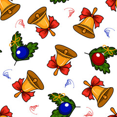 A seamless pattern with bells and decorated Christmas fir branches. Suitable for decorating fabric, wrapping paper, wallpaper, and more.
