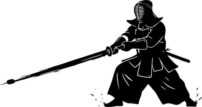 Kendo Fighter Silhouette Ink Brush Vector. Japanese Martial Arts Athlete Striking for Sport Design