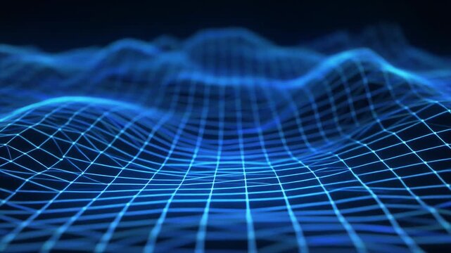 A blue grid pattern waves in a 3D landscape viewed from a low angle.