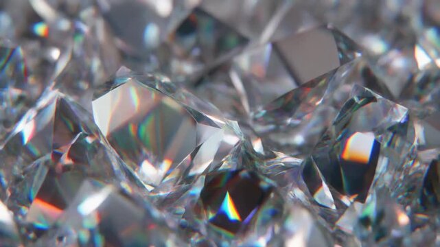 A collection of sparkling diamonds scattered across a reflective surface viewed from a close-up perspective