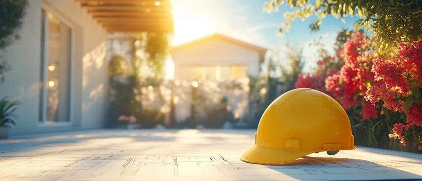 Yellow hard hat on blueprints with a house under construction and sunlit garden - Powered by Adobe