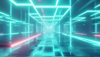 A futuristic digital tunnel with glowing cyan and red neon lines creating a grid-like structure, evoking a sense of advanced technology and cyberspace.