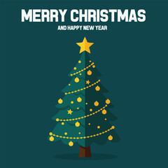 Merry Christmas and Happy New Year elegant card with a flat style Christmas tree and golden lights