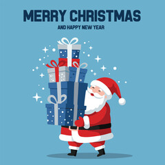 Merry Christmas and Happy New Year vector with Santa Claus carrying a huge stack of presents