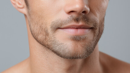 Fototapeta premium Close up of healthy male face with subtle imperfections, light stubble, smooth skin, and natural lips in bright light, showing relaxed and confident expression
