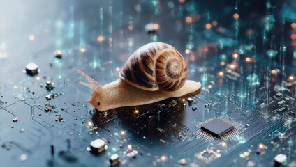 A snail crawls slowly across a high-tech circuit board with an overlay of glowing data streams
