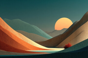A minimalist fantasy landscape with soft, undulating hills in a warm and cool color palette.  