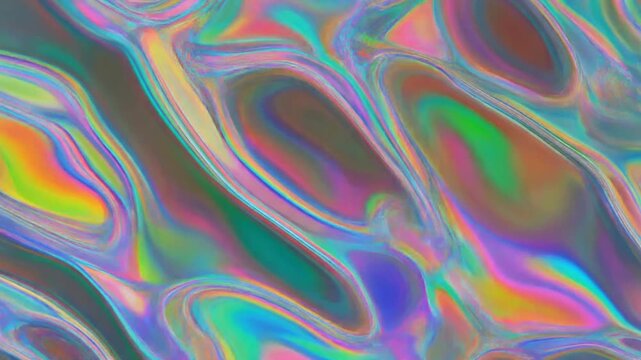 A colorful, abstract, iridescent, wavy pattern viewed from above, showcasing vibrant hues and fluid shapes