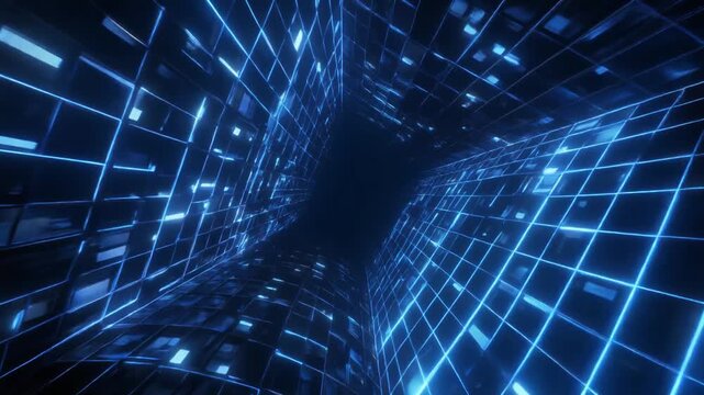 A futuristic tunnel of glowing blue grid patterns and neon lights, viewed from a low angle, showcasing technology and modern design elements.