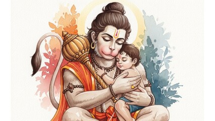 Divine Monkey God Hanuman Embracing a Devotee in a Spiritual Illustration