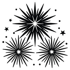 Three golden fireworks bursts illuminating the night sky, celebration, festive, New Year's Eve, sparkling