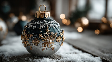 Christmas ornament with snowflakes on a snowy wooden surface.