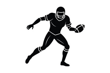 Silhouette of american football player running with ball in hand on white background