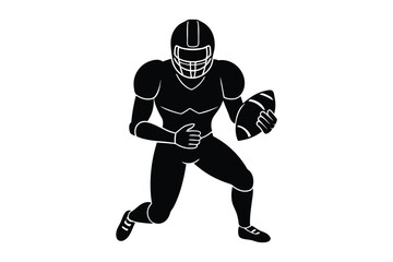 Silhouette of american football player running with ball in hand on white background