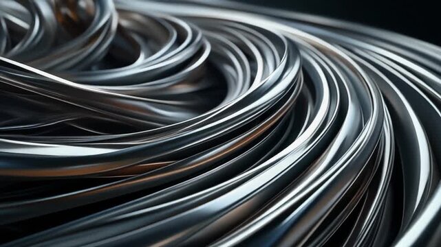 A close-up view of twisted metallic wires forming a spiral pattern in a dark environment