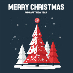 Merry Christmas and Happy New Year stylized red and white pine trees in a snowy landscape