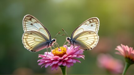 Fototapeta premium two white butterflies perched on a blooming flower