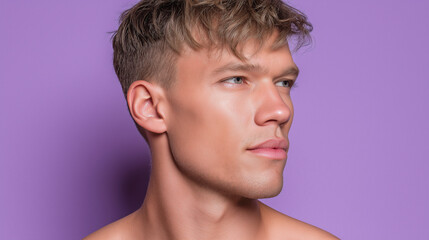 Fototapeta premium Smooth matte male portrait with refined texture pastel background youthful skin short blonde hair confident expression looking away modern style studio lighting