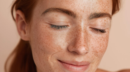 Obraz premium Soft macro close up of young woman with natural freckles, smooth skin, closed eyes, and gentle smile, highlighting natural beauty and serene emotion