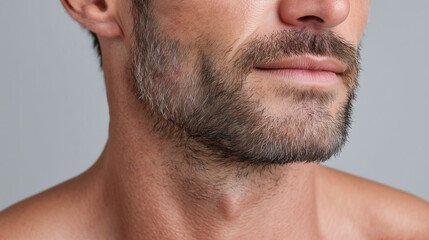 Obraz premium Close up of man lower face with gentle mild acne texture on male skin, stubble beard, and natural complexion in grey high key light, showing calm and confident expression