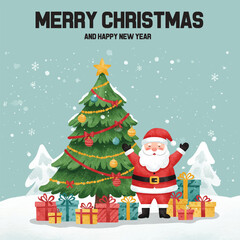 Merry Christmas and Happy New Year Santa Claus standing by a snowy tree and many gifts