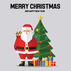 Merry Christmas and Happy New Year Santa Claus with a sack by a decorated tree