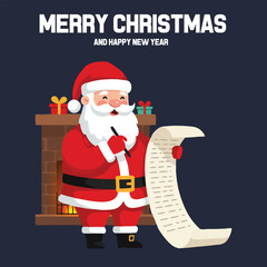Merry Christmas and Happy New Year Santa Claus holding a long gift list near a cozy fireplace