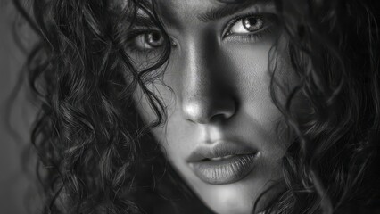 Captivating Gaze: A close-up portrait unveils a woman with curly hair, the monochrome enhancing the intensity of her eyes.