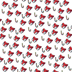 A festive gift backdrop for New Year or Christmas in the form of a box with a scarlet wrapping ribbon and lollipops in the form of hooks.