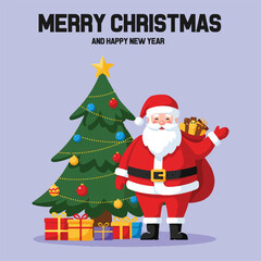 Merry Christmas and Happy New Year Santa Claus carrying a heavy sack of gifts near a tree